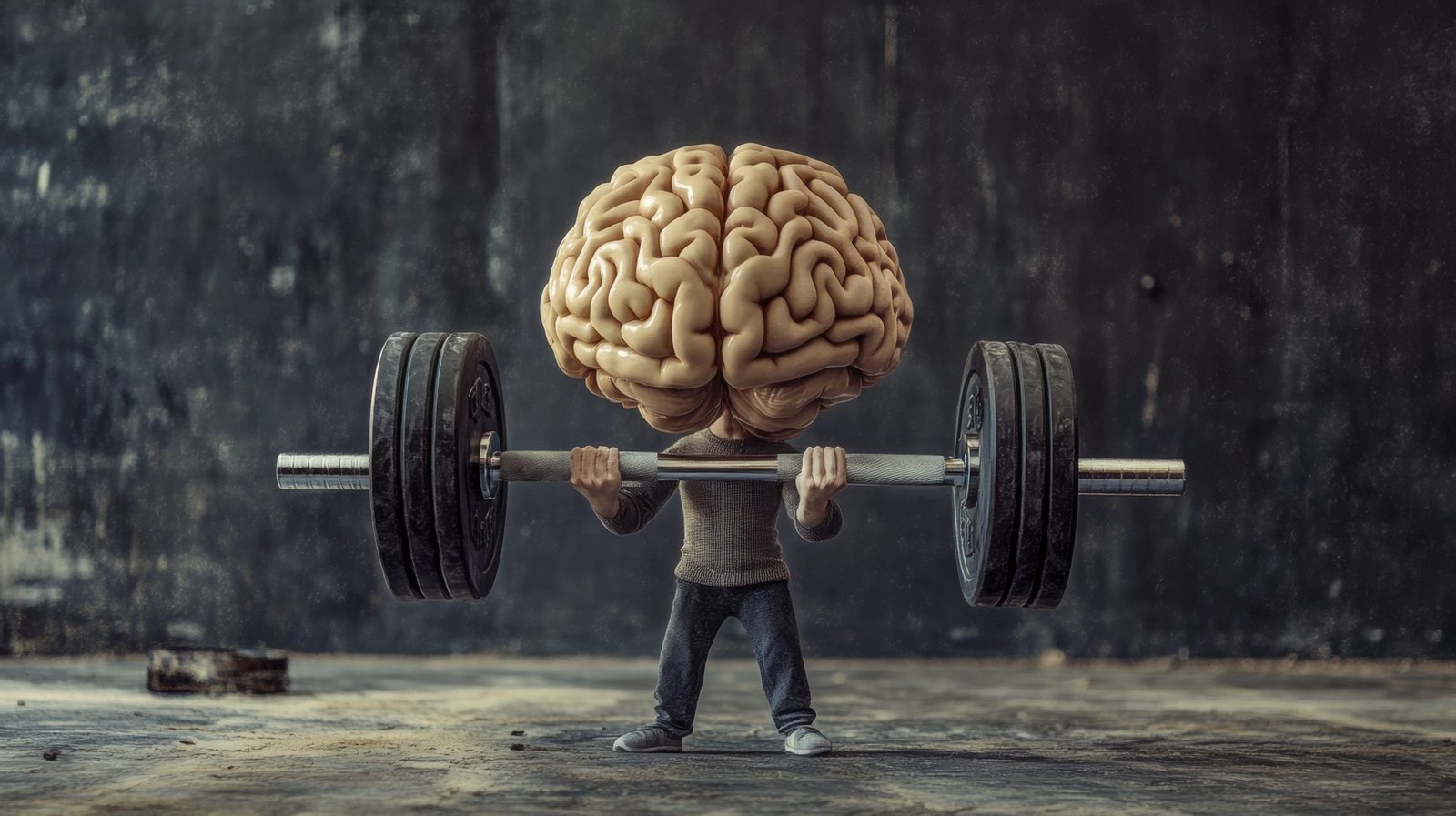 The human brain lifts a barbell, symbolizing mental strength against the backdrop of the gym