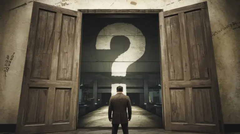 man-stands-front-large-open-doorway-with-question-mark-wall
